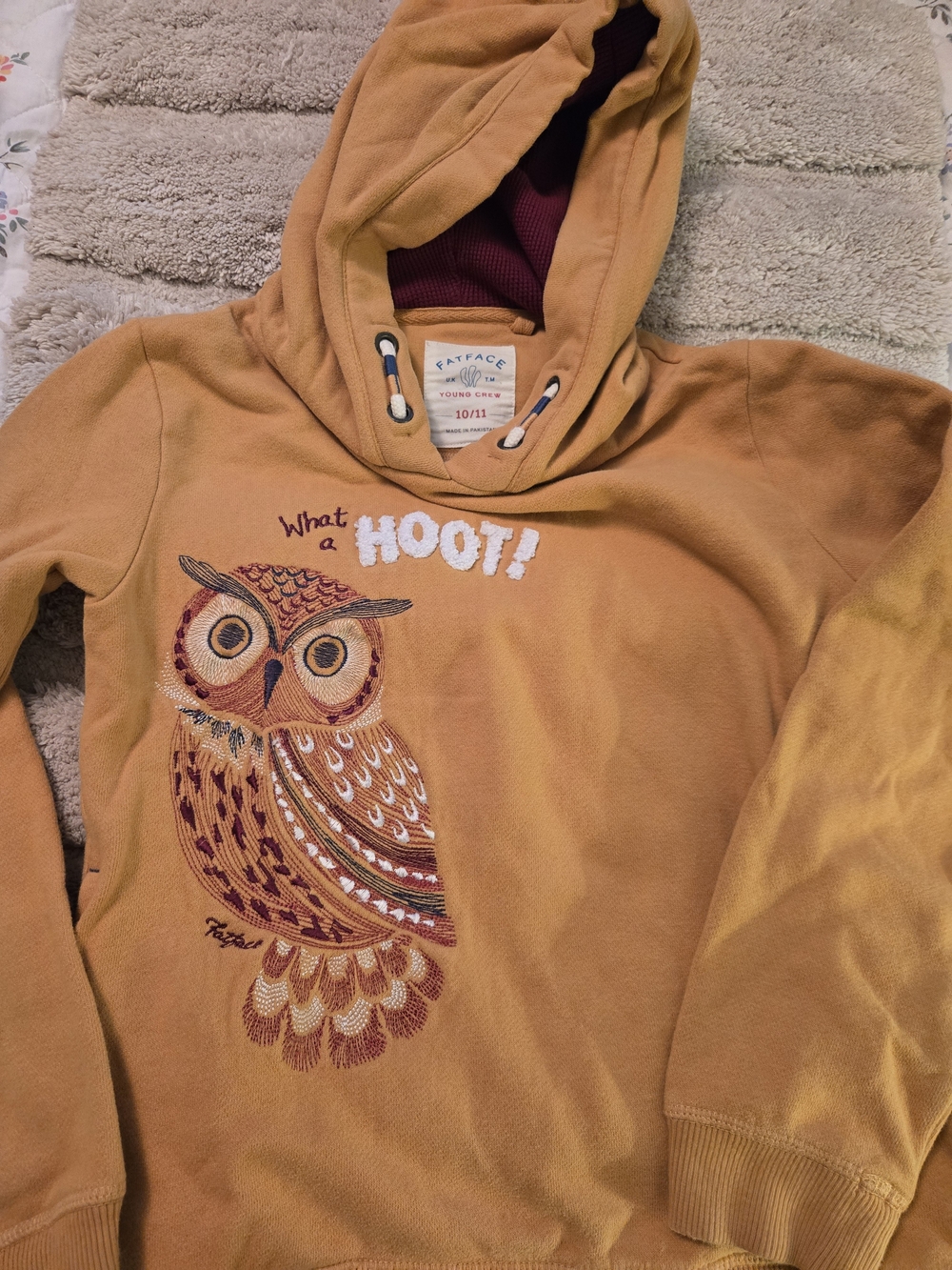 Fat Face Mustard Hooded Sweatshirt with Owl Embroidery